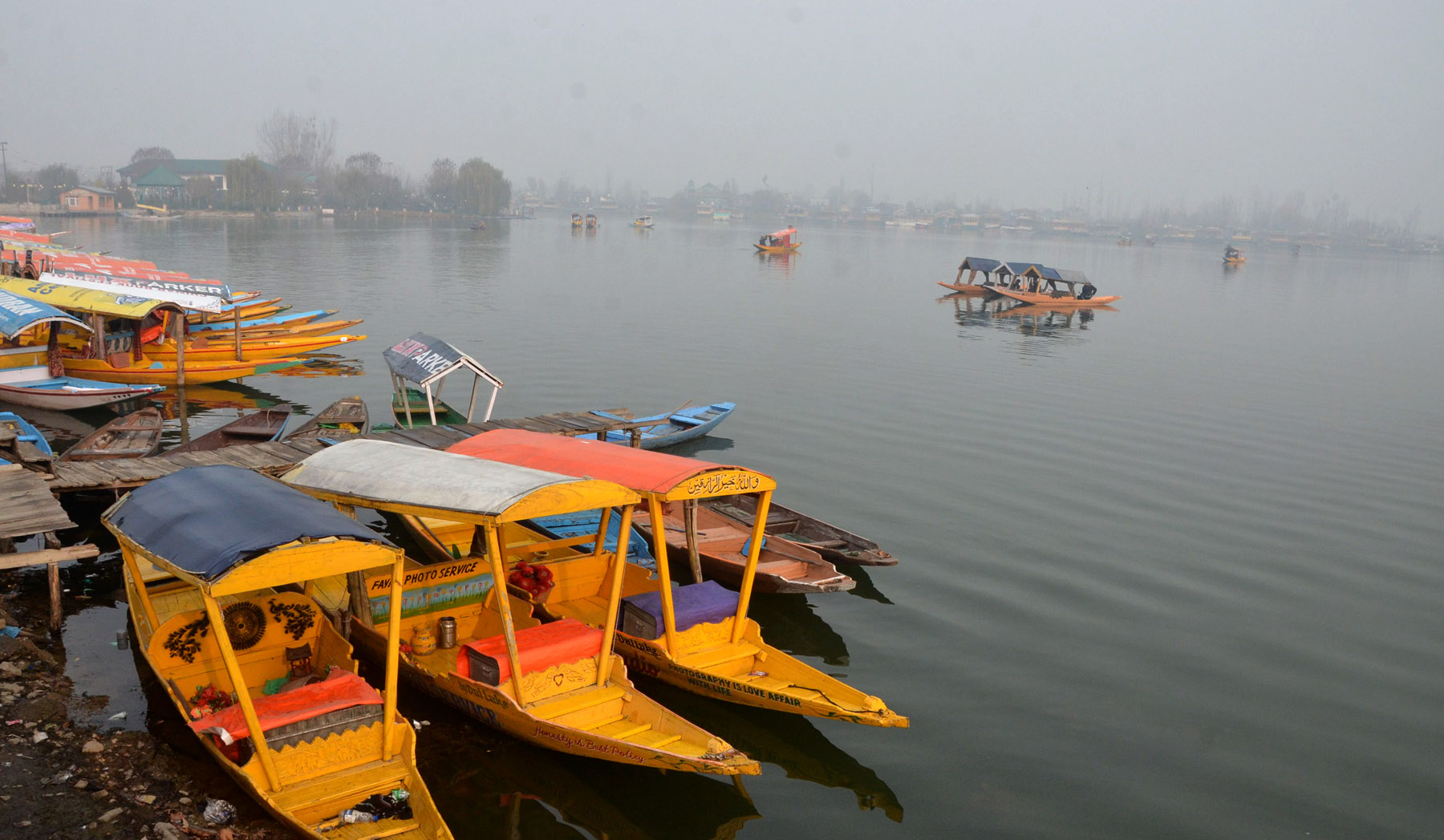 Shikaras are moored near the banks of Dal lake in Srinagar on a chilly morning. Photo: Mubashir Khan for Greater Kashmir